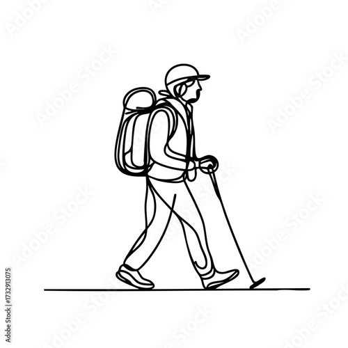 Backpacker walking with hiking poles in minimalist line art style on plain white background, concept of adventure and travel.