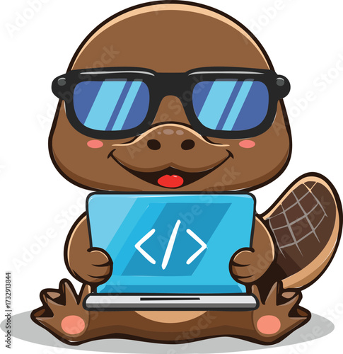 Cute Platypus Developer Mascot with Sunglasses and Laptop