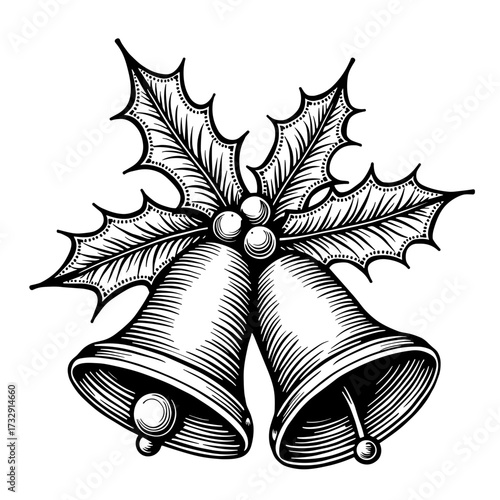 Black and white hand-drawn Christmas bells with holly leaves and berries in vintage engraving style - Concept of Christmas - holiday - tradition - festive - sound