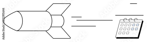 Rocket soaring with motion lines toward a calendar, symbolizing speed, deadlines, and goals. Ideal for business, planning, project management, productivity, innovation strategy simple flat metaphor