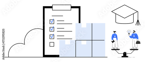 Checklist clipboard, stack of boxes, graduation cap, scale with two professionals balancing education and work. Ideal for education, career, logistics, time management, teamwork equality