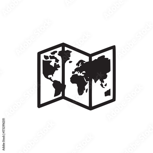 Vector art of black and white illustration of a folded world map, perfect for travel, exploration, or adventurethemed designs, offering a clean and minimalist visual element