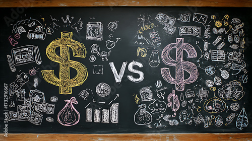Dollar versus peso currency symbol on chalkboard, financial comparison concept
