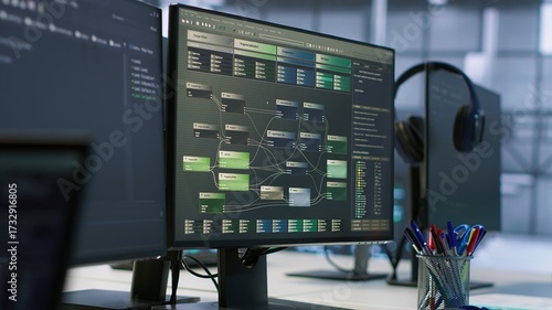 Close up of computer displays in empty data center establishment monitoring hardware energy consumption. PC screens on server hub office desk showing programming software, handheld camera shot