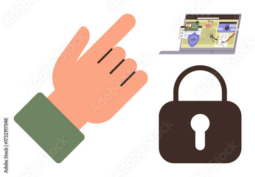Hand pointing, secure lock, and laptop displaying alerts, shield, and magnifying glass. Ideal for cybersecurity, online safety, data protection, privacy internet awareness digital access simple