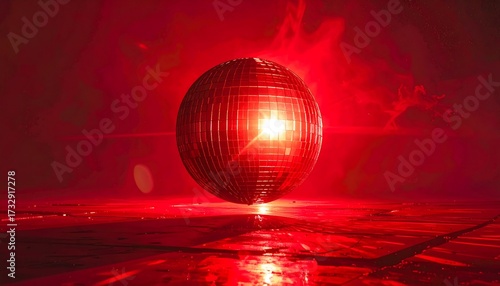 A futuristic red sphere radiates with a bright light, casting reflections on a textured surface. The crimson environment has a hazy atmosphere