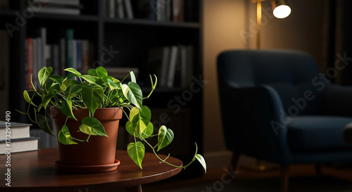 Dramatic and Serene Indoor Plant Decor Variegated Pothos in a Terra Cotta Pot Adorns a Dark, Luxurious Study, Enhancing Cozy Home Ambiance