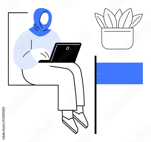 Woman in headscarf using laptop while sitting near desk featuring potted plant. Ideal for productivity, remote work, education, diversity, minimalism, mindfulness, and modern lifestyle. A simple flat