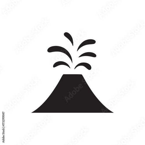 Illustration of a black volcano the volcano is coneshaped with a crater at the top, from which plumes of smoke and ash are erupting the illustration is simple and minimalist