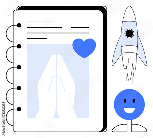 Open prayer journal with clasped hands graphic and heart icon, smiling figure, and rocket launching upward. Ideal for spirituality, positivity, motivation, growth, creativity, mindfulness simple