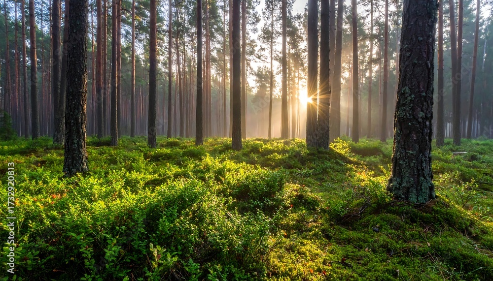 Obraz premium Sunlight streams through a misty pine forest