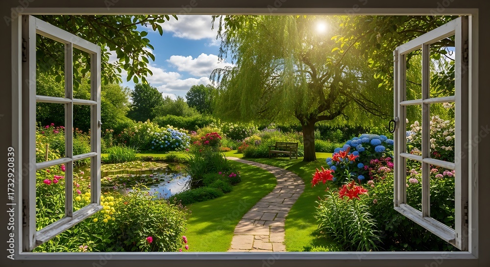 Obraz premium Beautiful Garden View from Window.