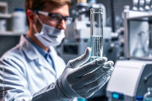 Scientific laboratory. A test tube in the hands of a scientist. Laboratory analysis of PFAS in a water sample