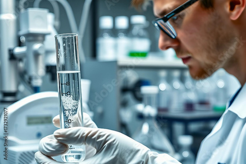 Laboratory testing of water sample for PFAS. A test tube in the hands of a scientist. Scientific laboratory
