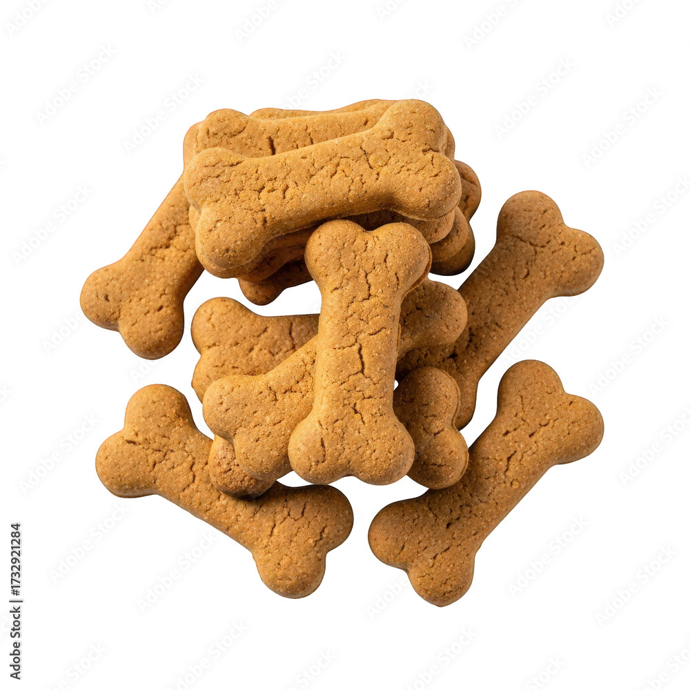 Fototapeta premium Bone Shaped Dog Biscuits Heap Isolated on Transparent Background Photography Top View Dry Food for Pet Treats and Animal Feed