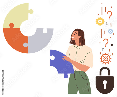 Woman holding puzzle piece near circular puzzle, gears, question marks, and padlock. Ideal for problem-solving, teamwork, strategy, security creativity innovation data protection. A simple flat
