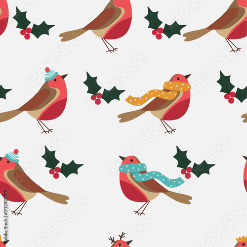 Seamless Christmas pattern with Robin the bird and leaves with berries. 
