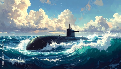 Submarine sailing through choppy ocean under a partly cloudy sky