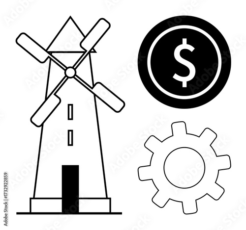 Windmill with blades, dollar coin signifying finance, and gear symbolizing industry. Ideal for energy, renewable resources, efficiency, economy, innovation sustainability. Simple flat metaphor