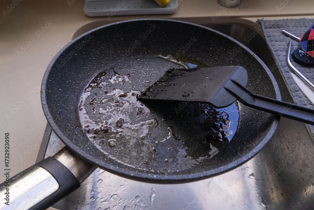 custom made wallpaper toronto digitalNonstick pan with hot oily and greasy residue in sink, black spatula nearby, start of cleaning process, cleaning kitchen concept