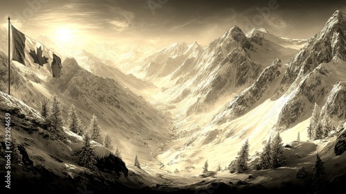 Fototapeta Naklejka Na Ścianę i Meble -  Snowy Canadian landscape with mountains and flag under a clear sky at dusk depicting winter serenity