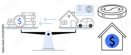 Scales balancing money and assets thumbs up a house and car, arrows indicating transaction flow, and digital finance icons. Ideal for finance, investment, savings, budgeting, real estate, fintech
