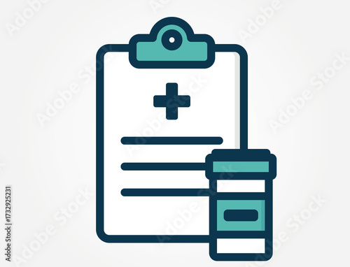 An icon showing a clipboard, next to a medicine bottle or vial. This image represents prescriptions, medication documentation, or the process of a doctor prescribing drugs to a patient.