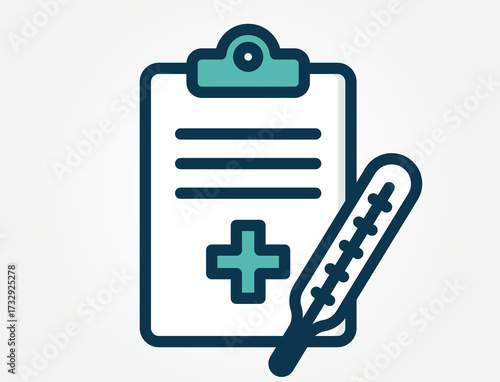 An icon of a clipboard with a document and a thermometer. This image represents patient vital signs, medical record-keeping that includes temperature, fever tracking, or healthcare documentation.