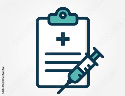 An icon of clipboard with a document and syringe. This image represents vaccination records, immunization documentation, or the medical authorization for an injection or treatment.