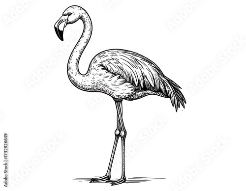 Elegant black and white line art of a flamingo