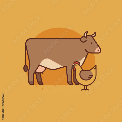 A brown cow and a yellow chicken stand on a mustardyellow background