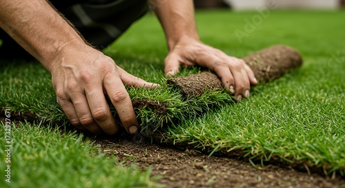 Man installing green sod roll close up gardening and landscaping concept