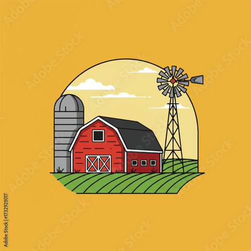 A cartoon farm scene with a red barn silo and windmill