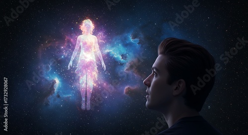 Man observing a celestial figure amidst a starry cosmic background