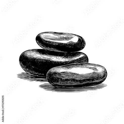 Engraving style illustration of hot stone massage stones in black and white on transparent background – Vector for spa brochures, wellness branding, and relaxation therapy materials