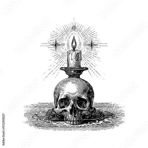 Engraving style illustration of candle on skull in black and white on transparent background – Vector for esoteric publications, gothic design, and educational history projects