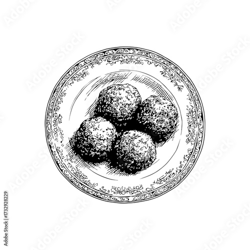 Engraving style illustration of falafel balls on decorative plate in black and white on transparent background – Vector for restaurant menus, Mediterranean food packaging, and culinary education