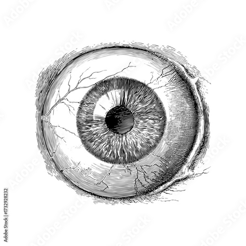 Engraving style illustration of human eye with retina in black and white on transparent background – Vector for medical textbooks, ophthalmology diagrams, and healthcare education materials