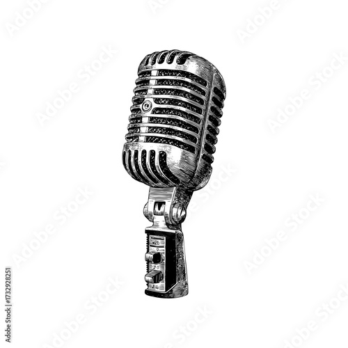 Engraving style illustration of retro microphone in black and white on transparent background – Vector for music posters, podcast branding, and broadcasting materials