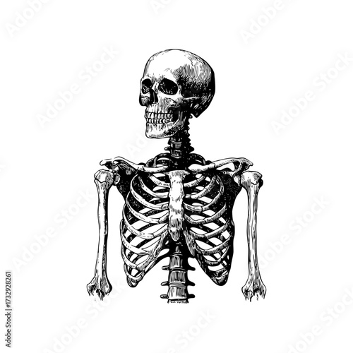 Engraving style illustration of human skeleton torso in black and white on transparent background – Vector for anatomy education, medical infographics, and biology textbooks