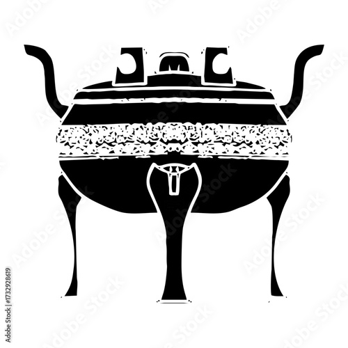 Vintage art silhouette of woman in kitchen dress with hot tea kettle cup icon