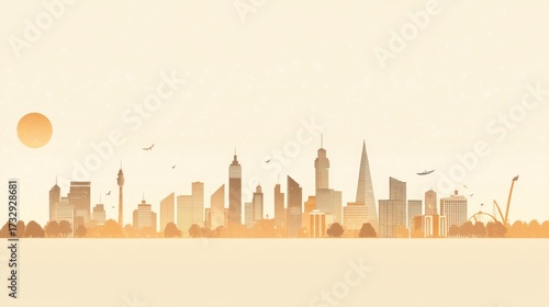 City skyline silhouette with sun and birds against a warm neutral background