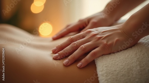 Wallpaper Mural Close-up of two hands applying gentle pressure on a person's lower back, softly lit with warm, diffused light creating a calming, relaxing wellness atmosphere Torontodigital.ca