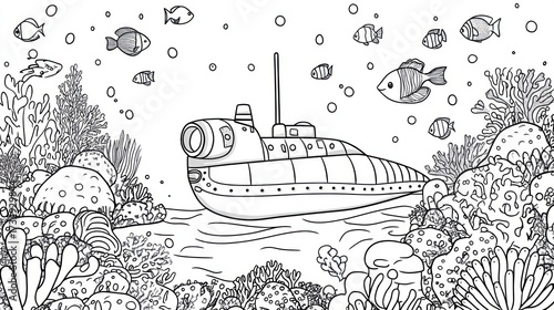 Fototapeta Naklejka Na Ścianę i Meble -  Black and white illustration of a submarine with sea life and coral reef