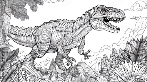 Fototapeta Naklejka Na Ścianę i Meble -  Detailed black and white illustration of a tyrannosaurus rex dinosaur in a jungle scene