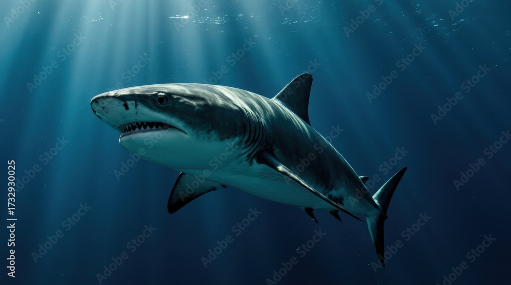 Fototapeta premium Close-up underwater image of a majestic great white shark with prominent dorsal fin, illuminated by sunlight beams, set against deep blue ocean background, showcasing power and beauty.