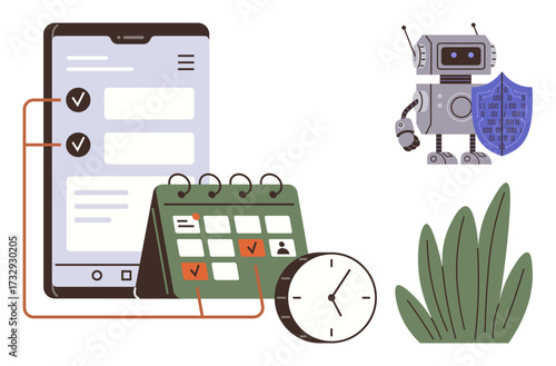 Tablet with checklist app, calendar with tasks, clock, robot holding shield, and plants. Ideal for productivity, time management, digital tools AI planning cyber security teamwork. Simple flat