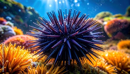 A close-up shot features a vibrantly colored sea urchin amidst a vibrant coral reef under sunlit water