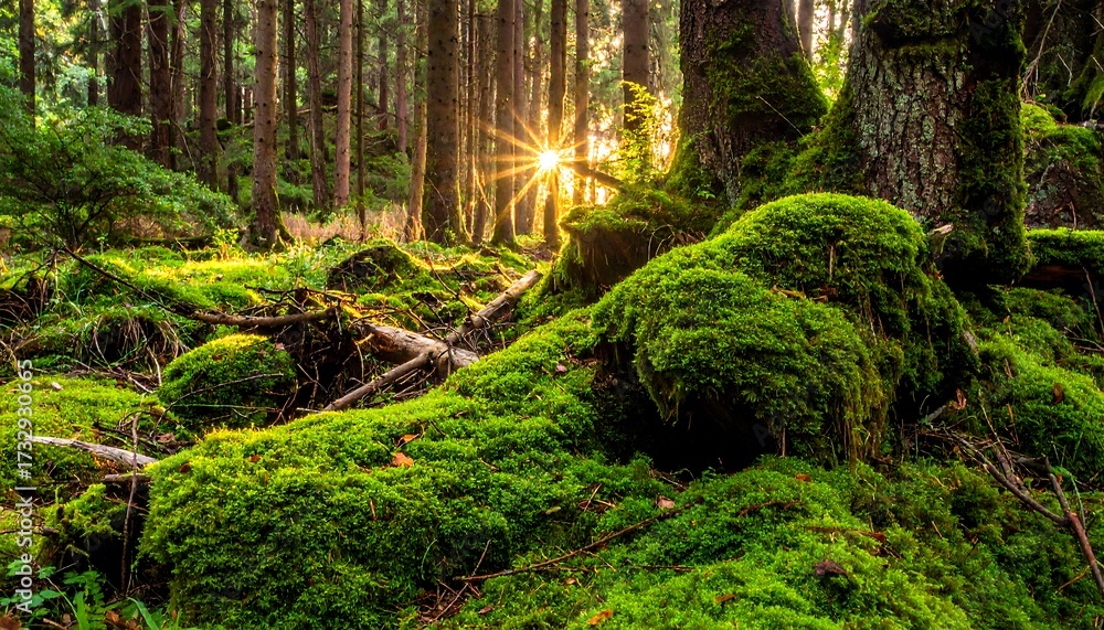 Obraz premium Sunlight filtering through a mossy forest floor