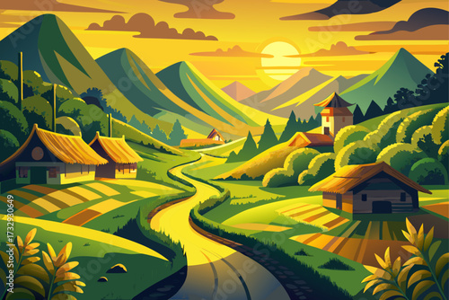 A narrow road winds through lush green foothills to a peaceful village. The golden sunlight spreads everywhere, its yellow glow on the leaves and thatched roofs making the village look like a painted 